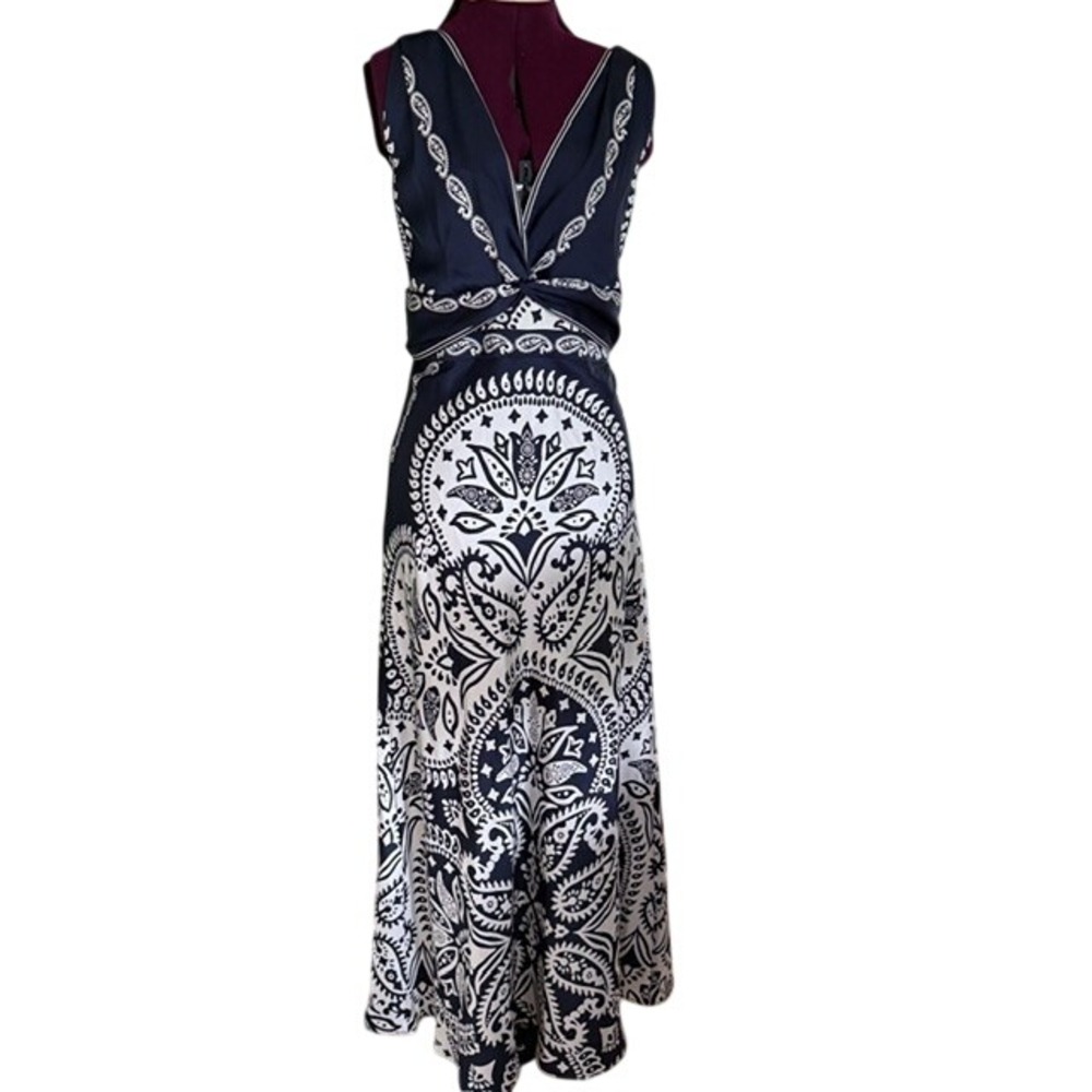 Caroline Constas Navy Cream Paisley Twist Front Tie Back Maxi Dress Large NEW - Picture 3 of 9